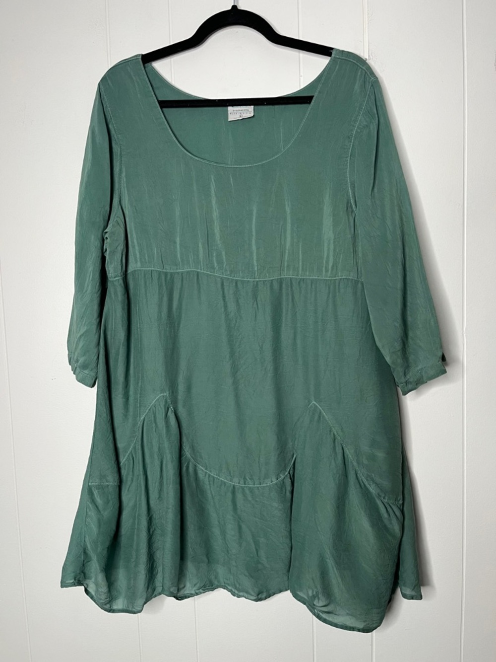 CLICK 100% Cupro Rayon Green Scoop Neck Tunic Top Size L Babydoll 3/4 Sleeves